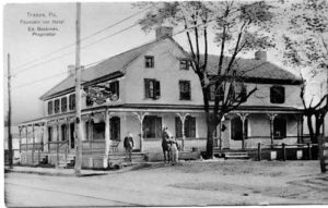 Trappe Tavern, c. 1910. Originally known as the Fountain Inn, this building has served as a tavern since it was built in the late 1700s. By 1823, the inn’s barn, sheds, and stables could accommodate up to 75 wagons and 150 horses. A “Big Spring” nearby provided water via underground wooden pipes to a distillery and the inn, which had three fountain pumps in the yard for watering thirsty horses. Traces of the spring remain in the pond located at nearby Rambo Park. During the tenure of Edward Beckman, from 1897 to 1930, the tavern was advertised as a “drover’s headquarters” with “first class accommodations.” (Courtesy of Jerry A. Chiccarine.)